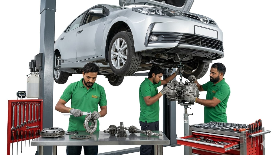 vehicle inspection on hydraulic lift at Hari Kripa Services car workshop