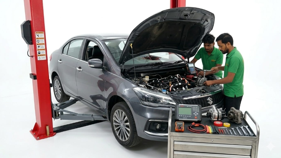 professional mechanic fixing car electrical problem at HKS workshop