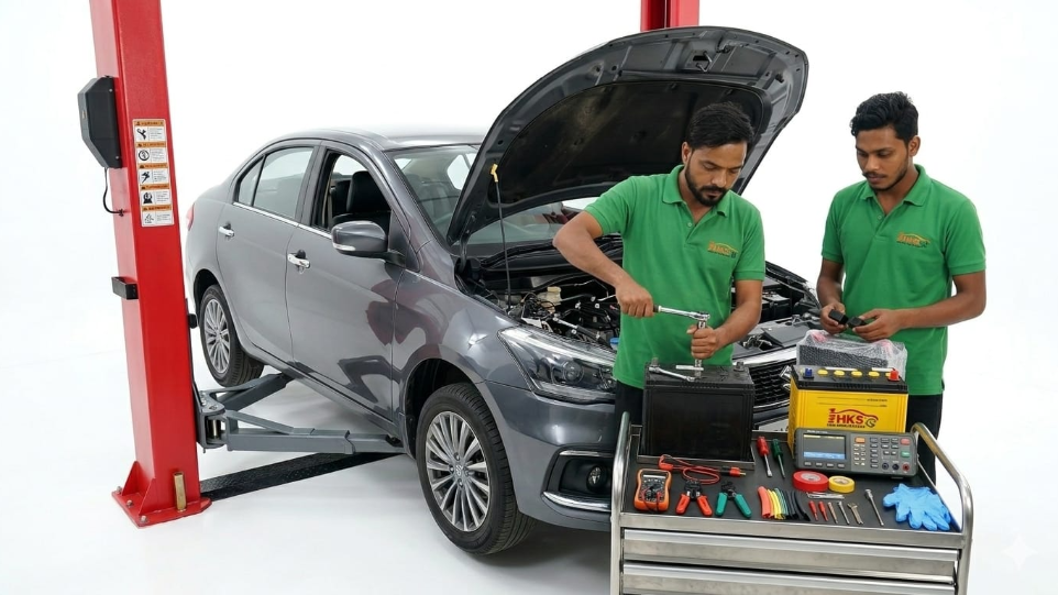 automobile electrician repairing car at Hari Kripa Services garage