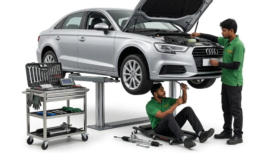 professional car mechanic repairing vehicle at HKS service center