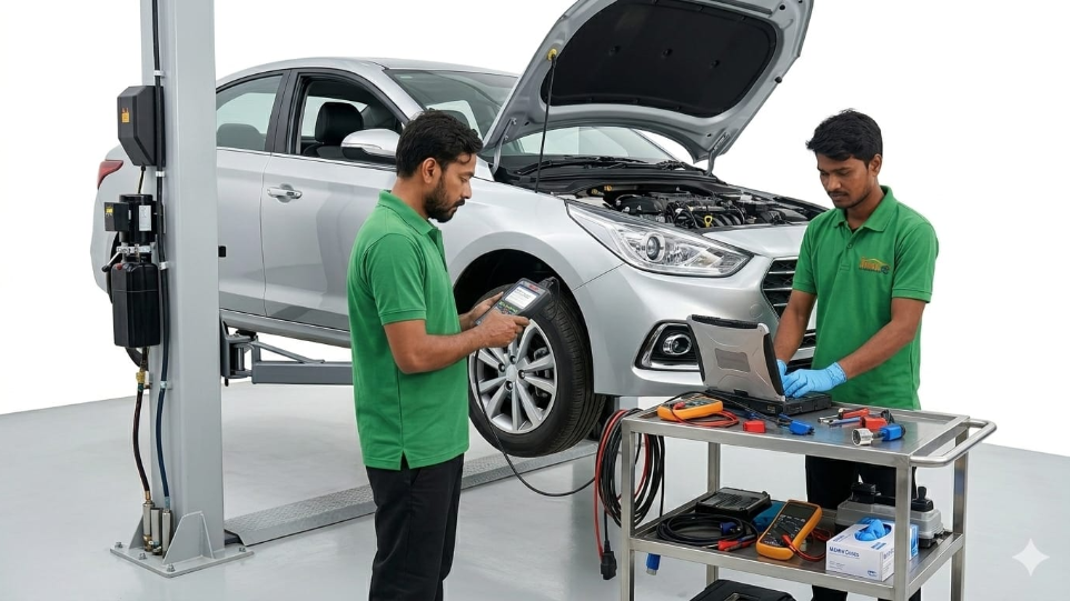 car diagnostic technician checking engine system at HKS workshop