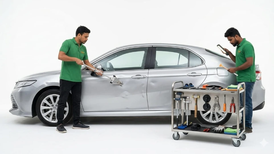 vehicle dent repair process at HKS car workshop