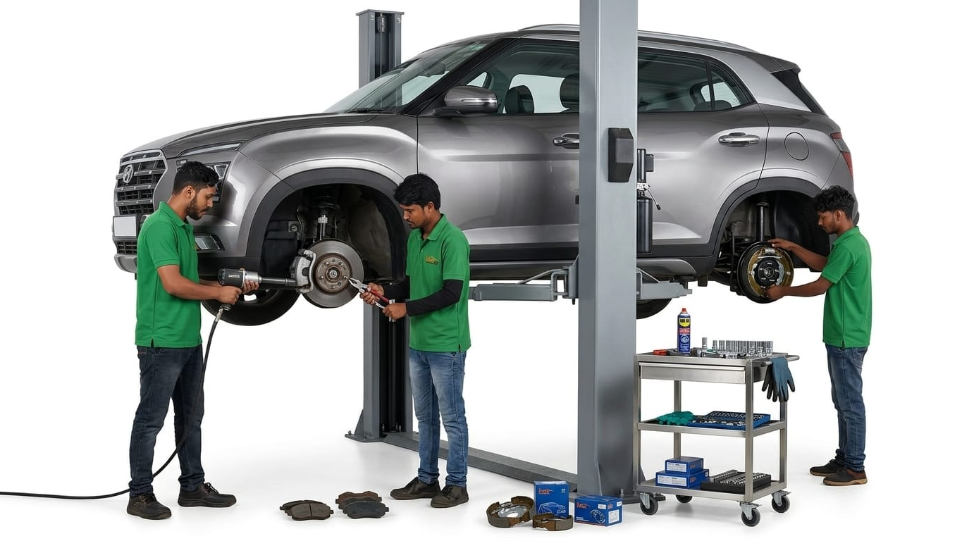 vehicle wheel alignment and balancing service at HKS automobile workshop