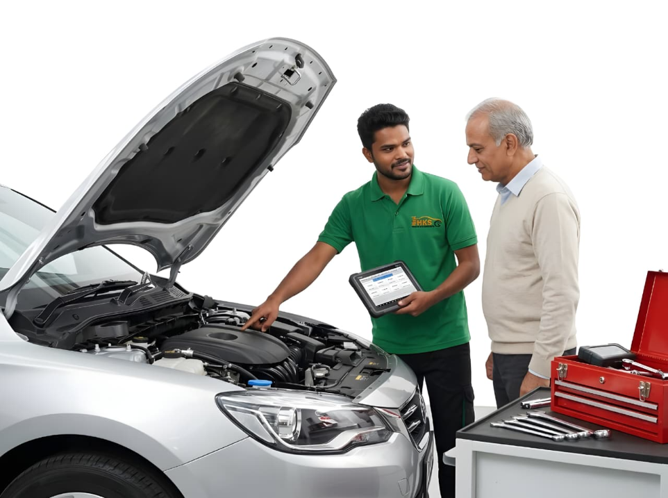 Car engine inspection and repair service by professional mechanic at Hari Kripa Services workshop