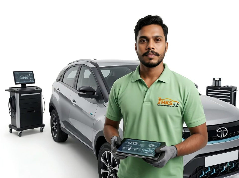 Professional car mechanic standing with vehicle at Hari Kripa Services car service center