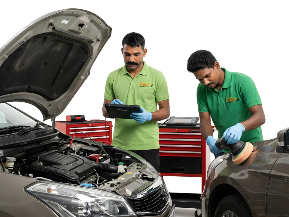 Automobile mechanic repairing car engine at Hari Kripa Services car workshop Rajasthan