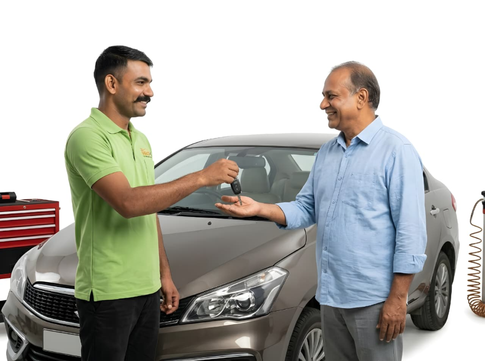 Car service advisor explaining vehicle problem to customer at Hari Kripa Services workshop