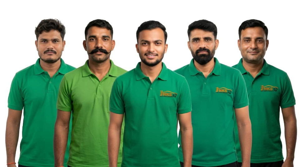 Professional car service technicians wearing HKS uniform at Hari Kripa Services car workshop Rajasthan