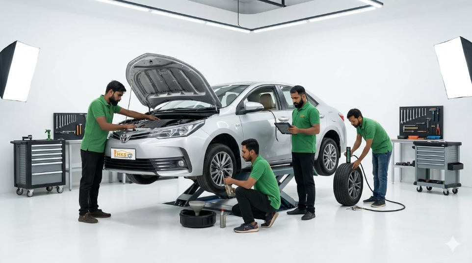 Car repair service in progress at Hari Kripa Services HKS auto workshop