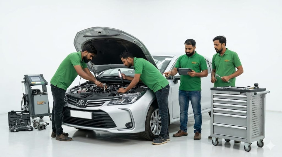 Technicians working on car maintenance at Hari Kripa Services HKS workshop