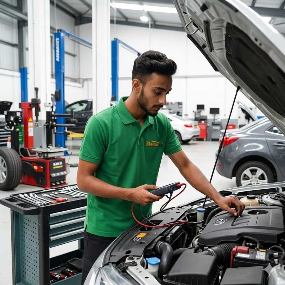 Professional mechanic repairing car engine at Hari Kripa Services auto workshop