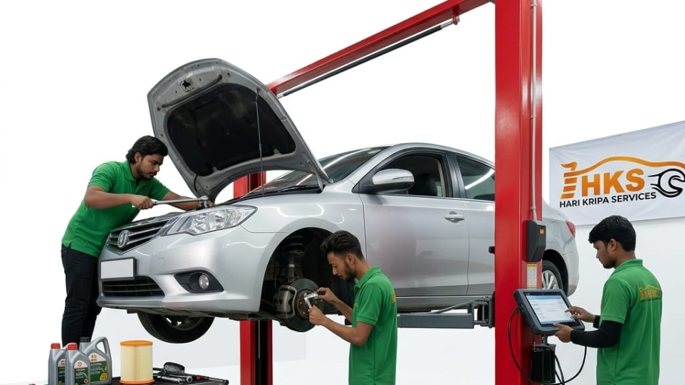 automobile technician repairing car at Hari Kripa Services