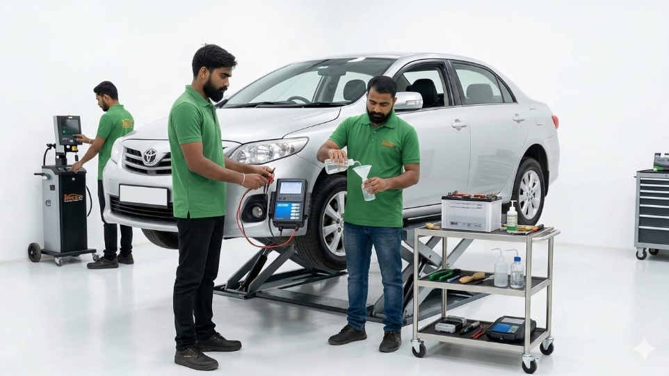 car mechanic repairing vehicle at HKS car service center