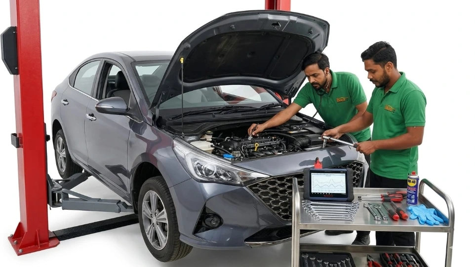 automobile repair service on car lift at Hari Kripa Services workshop